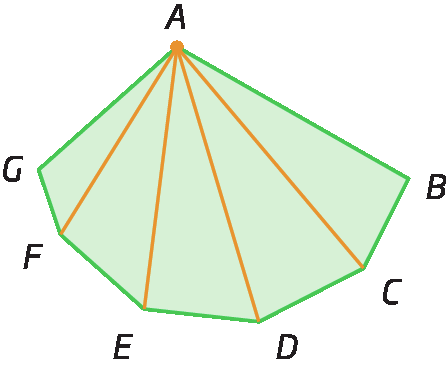 Figura geométrica. Heptágono verde ABCDEFG com diagonais de AF, AE, AD, AC, AB.