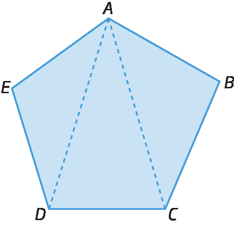 Figura geométrica. Pentágono azul ABCDE com diagonais de AC e AD.