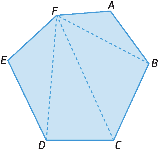 Figura geométrica.  Hexágono azul ABCDEF com diagonais de FB, FC e FD.