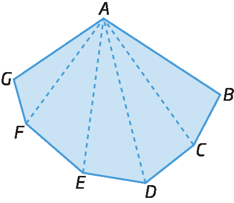 Figura geométrica.  Heptágono azul ABCDEFG com diagonais de AC, AD, AE e AF.