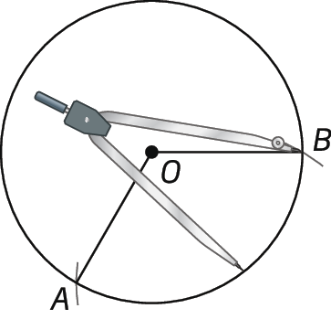 Ilustração. Circunferência com ponto O no centro. De O, tem-se uma reta horizontal com ponto B e reta diagonal para baixo com ponto A. Compasso aberto entre A e B traça linha em B.