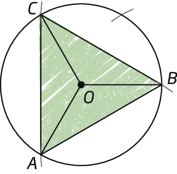 Ilustração. Circunferência com triângulo verde ABC e ponto O no centro.
