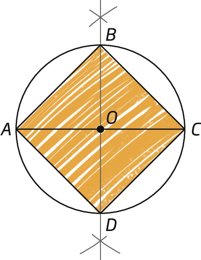 Ilustração. Circunferência com reta horizontal AC e ponto O no centro. Reta vertical BD passa em O. As retas formam um losango laranja.