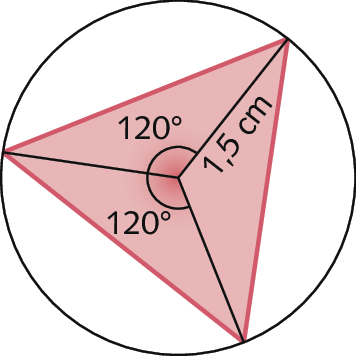 Figura geométrica. Circunferência com triângulo vermelho e três diagonais. A medida da diagonal é 1 centímetro e meio. As medidas de dois ângulos são: 120 graus e 120 graus.