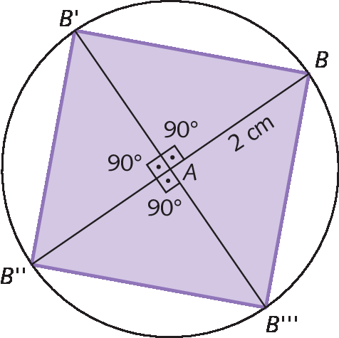 Figura geométrica. Circunferência com quadrilátero roxo B, B linha, B duas linhas, B três linhas com duas diagonais que se cruzam no centro. A medida da diagonal é 2 centímetros. As medidas de três ângulos são: 90 graus, 90 graus e 90 graus.