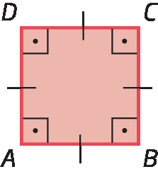 Figura geométrica. Quadrilátero ABCD vermelho com os quatro lados iguais destacados e os quatro ângulos retos destacados.