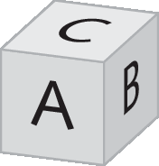 Ilustração. Dado com letra C na face superior, letra A na face frontal e letra B na face lateral direita.