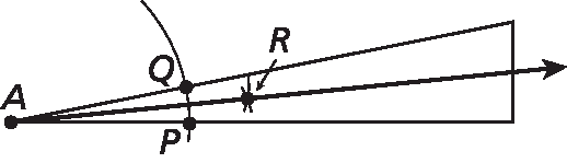Figura geométrica.. Contorno de um triângulo retângulo; O vértice oposto ao lado vertical do triângulo está representado pela letra A. Está representado um arco que intercepta o lado horizontal do triângulo no ponto P e a hipotenusa no ponto Q. Há também dois pequenos arcos que interceptam num ponto R no interior do triângulo. Do vértice parte uma semirreta que passa pelo ponto R.