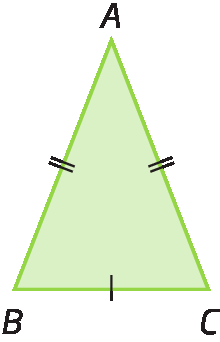Figura geométrica. Triângulo ABC. Os lados AB e AC têm a mesma medida de comprimento.