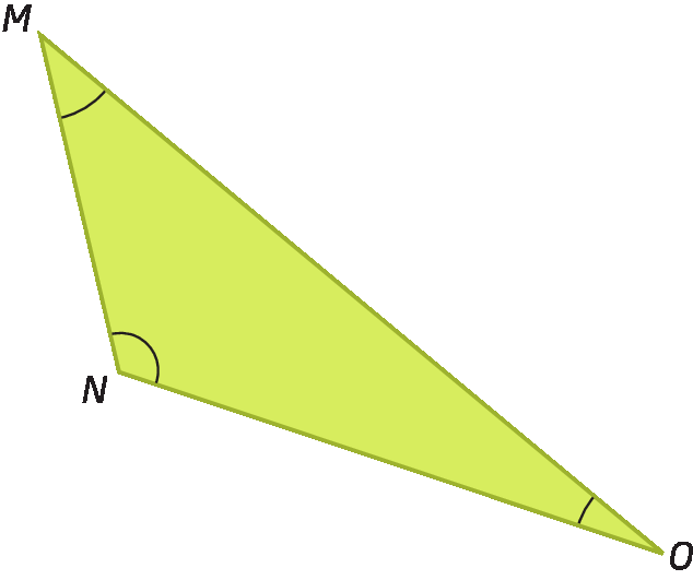 Figura geométrica. Triângulo MNO. Os ângulos internos com vértices em M e O têm aberturas medindo menos do que 90 graus e o ângulo interno com vértice em N tem abertura medindo mais do que 90 graus.