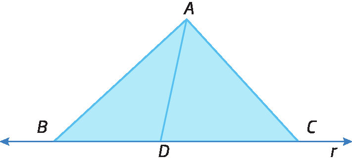 Figura geométrica. Triângulo ABC. Sobre o lado BC está representada uma reta r. Há um ponto D representado entre os pontos B e C. Há também um segmento de reta com extremidades no ponto A e ponto D.