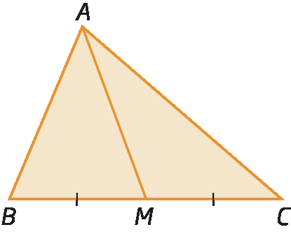 Figura geométrica. Triângulo ABC. Sobre o lado BC está representado o ponto M, de modo que a medida do comprimento do segmento de reta BM é igual a medida do comprimento do segmento de reta MC. Está representado também um segmento de reta com extremidades no ponto A e M.