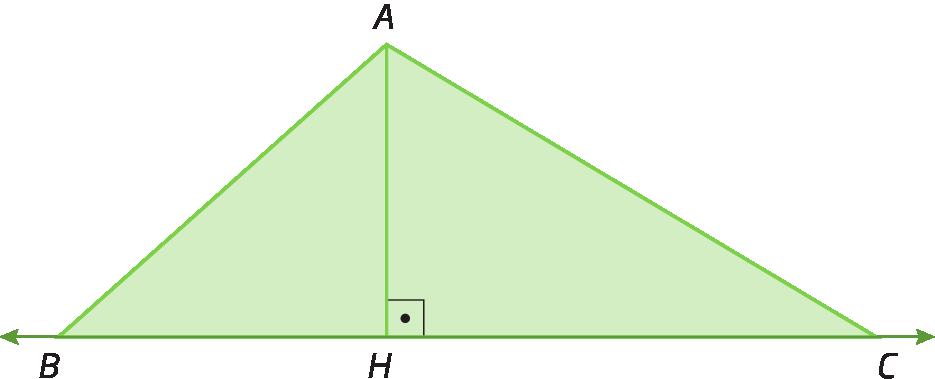 Figura geométrica. Triângulo ABC. Sobre o lado BC está representada uma reta. Há um ponto H representado entre os pontos B e C. Há também um segmento de reta com extremidades no ponto A e ponto H que forma um ângulo de 90 graus com o lado BC.
