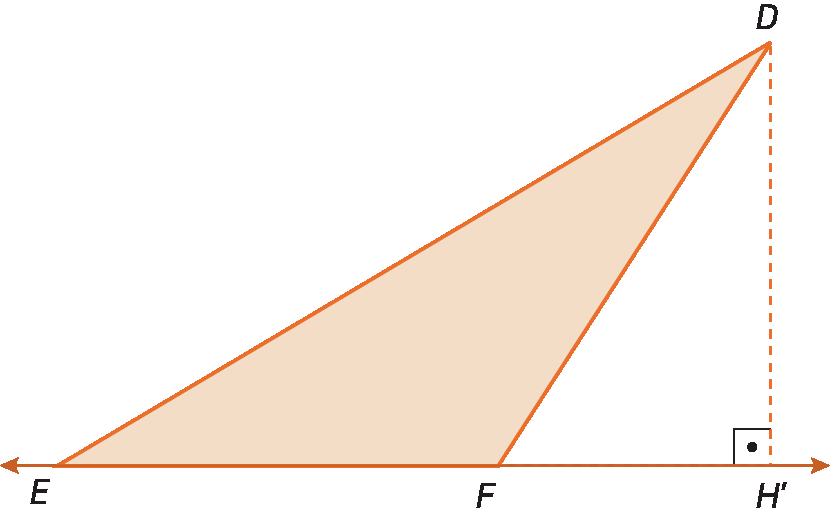 Figura geométrica. Triângulo DEF. Sobre o lado EF está representada uma reta. Há um ponto H linha representado à direita do ponto F, na reta. Há também um segmento de reta tracejado com extremidades no ponto D e ponto H linha que forma um ângulo de 90 graus com a reta.
