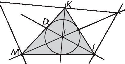 Figura geométrica. Triângulo KLM. Estão representadas as bissetrizes que se intersectam no ponto I que é interior ao triângulo. Também está representada uma circunferência de centro I que tangencia o lado KM no ponto D. A circunferência também tangencia os outros dois lados em pontos que não estão identificados.
