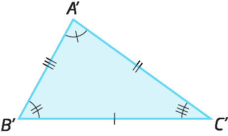 Figura geométrica. Triângulos ABC e A linha, B linha e C linha. Lado AB congruente ao lado A linha B linha. Lado AC congruente ao lado A linha C linha. Lado BC congruente ao lado B linha C linha. Ângulo A congruente ao ângulo A linha; ângulo B congruente ao ângulo B linha; ângulo C congruente ao ângulo C linha.
