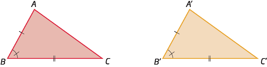 Figura geométrica. Triângulo ABC ao lado do triângulo A linha, B linha, C linha. Lado AB congruente ao lado A linha B linha. Ângulo B congruente ao ângulo B linha. Lado BC congruente ao lado B linha C linha. Implica que triângulo ABC é congruente ao triângulo A linha B linha C linha.