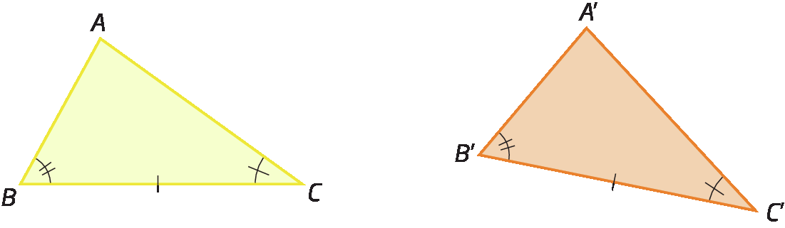 Figura geométrica. Triângulo ABC ao lado do triângulo A linha, B linha, C linha. Ângulo B congruente ao ângulo B linha. Lado BC congruente ao lado B linha C linha. Ângulo C congruente ao ângulo C linha. Implica que triângulo ABC é congruente ao triângulo A linha B linha C linha.