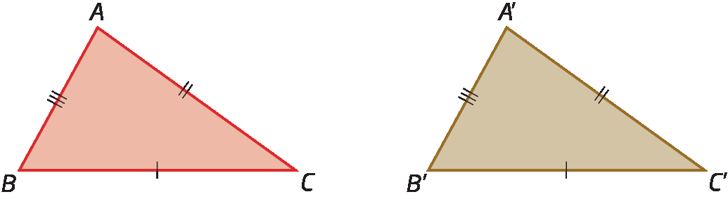 Figura geométrica. Triângulo ABC ao lado do triângulo A linha, B linha, C linha.  Lado AB congruente ao lado A linha B linha. Lado AC congruente ao lado A linha C linha. Lado BC congruente ao lado B linha C linha. Implica que triângulo ABC é congruente ao triângulo A linha B linha C linha.