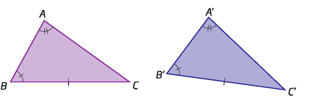 Figura geométrica. Triângulo ABC ao lado do triângulo A linha, B linha, C linha.  Lado BC congruente ao lado B linha C linha. Ângulo B congruente ao ângulo B linha. Ângulo A congruente ao ângulo A linha. Implica que triângulo ABC é congruente ao triângulo A linha B linha C linha.