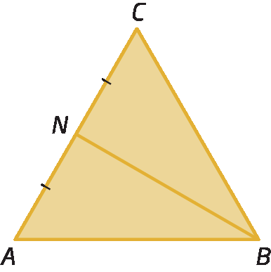 Figura geométrica. Triângulo ABC, mediana BN dividindo o lado AC em duas partes congruentes.