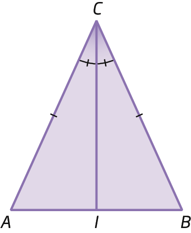 Figura geométrica. Triângulo ABC. Segmento de reta CI, dividindo o ângulo C em dois congruentes entre si. Ponto I no segmento de reta AB. Lado AC congruente ao lado BC.