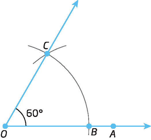 Figura geométrica. Abertura de ângulo medindo 60 graus. Os lados do ângulo são compostos pelas semirretas OA e OC. Há um ponto B sobre a semirreta OA. Há um arco que passa pelo pontos B e C.