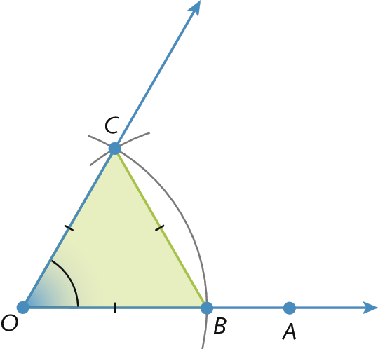 Figura geométrica. Abertura de ângulo feita com semirretas OA e OC, ângulo em O. Arco BC, sendo B em OA. Segmento de reta liga os pontos B e C, formando o triângulo OBC, de modo que todos os lados dele são congruentes entre si.