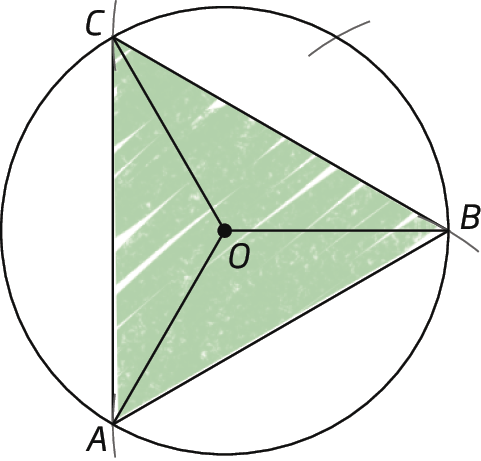 Figura geométrica. Triângulo ABC inscrito a uma circunferência. Dos vértices saem semirretas que se encontram no ponto O, centro da circunferência e interno ao triângulo.
