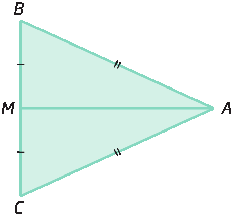 Figura geométrica. Triângulo ABC. Segmento de reta AM, sendo o ponto M no segmento de reta BC, dividindo o triângulo em outros dois: ABM e ACM, sendo o lado AM comum aos dois. Lado AB congruente ao lado AC. Lado BM congruente ao lado CM.