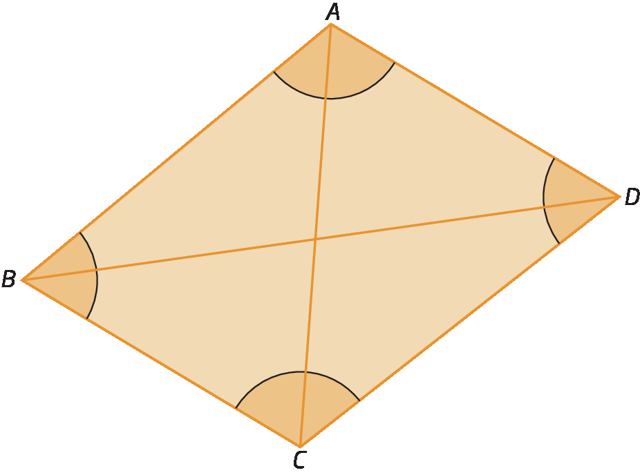 Figura geométrica. Quadrilátero ABCD com 4 ângulos demarcados e diagonais AC e BD traçadas.