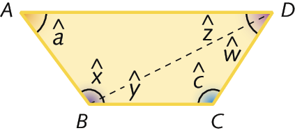 Figura geométrica. Trapézio ABCD. Diagonal BD tracejada. Em D, ângulos z e w, Em B, ângulos x e y. Em A, ângulo a. Em C, ângulo c.