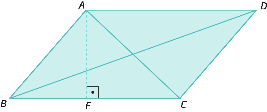 Figura geométrica. Paralelogramo ABCD. De A, linha tracejada perpendicularmente ao lado BC, encontrando-o em F. Diagonais BD e AC identificadas.