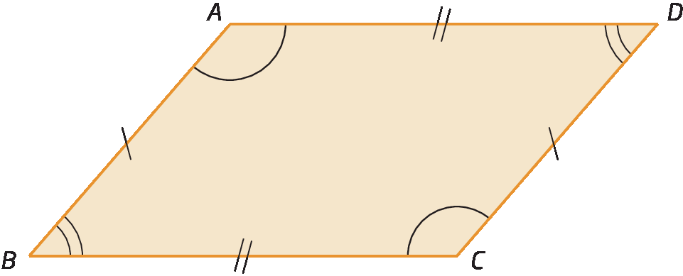 Figura geométrica. Paralelogramo ABCD. Ângulo A congruente ao ângulo C e ângulo B congruente ao ângulo D. Lado AB congruente ao lado CD e lado AD congruente ao lado BC.