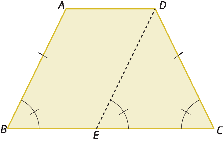 Figura geométrica. Trapézio ABCD. Segmento de reta AD paralelo ao segmento de reta BC. Segmento de reta AB congruente ao segmento de reta DC. Há um ponto E no segmento de reta BC. Segmento de reta DE tracejado, de modo que o ângulo DCE seja congruente ao ângulo DEC. Os ângulos ABE e DEC são congruentes e ângulo DCE congruente ao ângulo ABE.