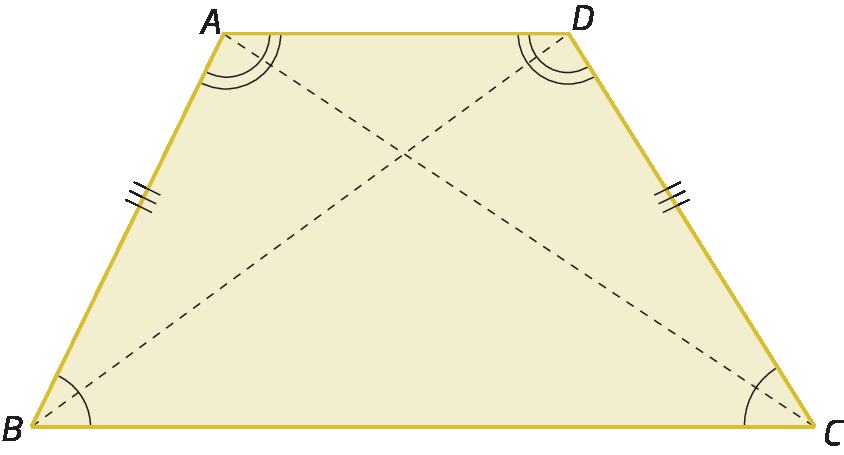 Figura geométrica. Trapézio ABCD. Diagonais AC e BD. AD paralelo a BC. AB congruente a EC. ângulo A congruente a ângulo D. ângulo B congruente a ângulo C.
