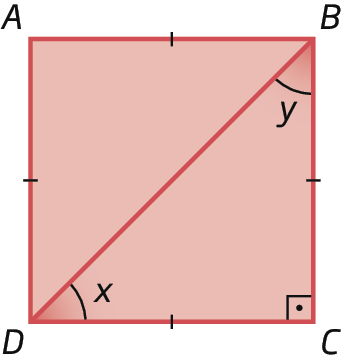 Figura geométrica. Quadrado ABCD. Diagonal BD dividindo o quadrado em 2 triângulos, de modo que os ângulos do triângulo BCD são 90 graus, x e y.