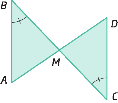 Figura geométrica. Triângulos ABM e DCM unidos pelo vértice M. Ângulo B congruente a ângulo C.