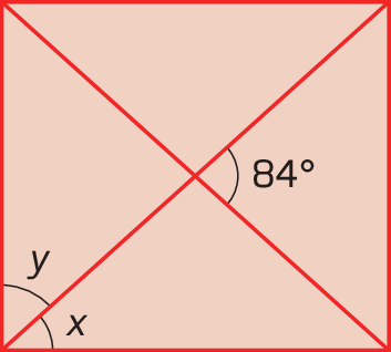 Figura geométrica. Retângulo com as duas diagonais traçadas. Um dos vértices do retângulo tem ângulos de medidas y e e x. A intersecção das diagonais forma um ângulo de 84 graus.