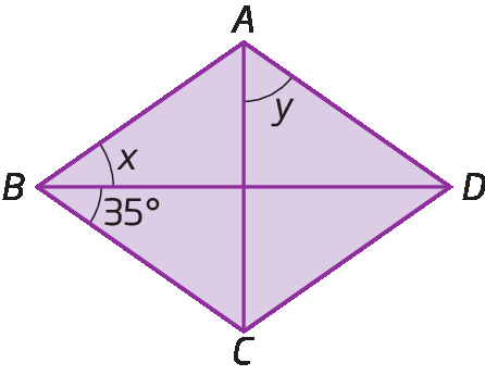Figura geométrica. Losango ABCD. Diagonais AC e BD. ângulo ABD igual a x; ângulo DBC igual a 35 graus; ângulo CAD igual a y.