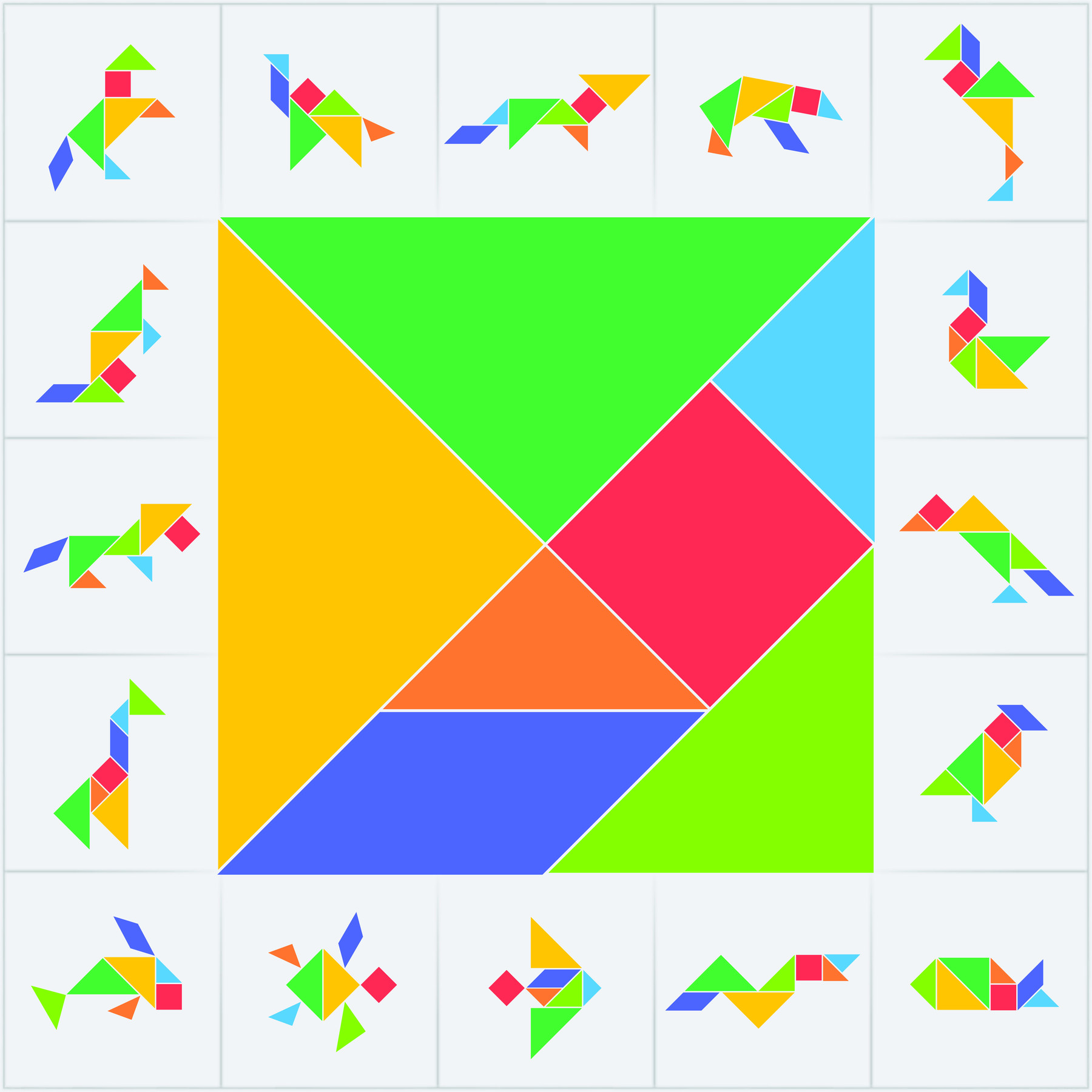 Ilustração. Quadrado composto por peças coloridas do tangram: dois triângulos grandes, um triângulo médio, um paralelogramo, dois triângulos pequenos e um quadrado. Ao redor, quadrados brancos com diferentes figuras compostas por peças do tangram.