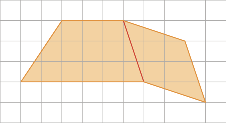 Esquema. Malha quadriculada composta  por 6 linhas e 11 colunas. Dentro dela, há um hexágono laranja que representa o terreno. Esse hexágono foi cortado por uma risco vermelho que dividiu o terreno em dois quadriláteros: um trapézio e um losango. 
O primeiro vértice do hexágono está localizado no vértice direito inferior do primeiro quadradinho da quarta linha, de cima para baixo, da malha quadriculada.
O segundo vértice do hexágono se encontra no vértice direito inferior do terceiro quadradinho da primeira linha, de cima para baixo. 
O terceiro vértice do hexágono se encontra no vértice direito inferior do sexto quadradinho da primeira linha, de cima para baixo. 
O quarto vértice do hexágono se encontra no vértice direito inferior do nono quadradinho da segunda linha, de cima para baixo. 
O quinto vértice do hexágono se encontra no vértice direito inferior do décimo quadradinho da quinta linha, de cima para baixo.
O sexto vértice do hexágono se encontra no vértice direito inferior do sétimo quadradinho da quarta linha, de cima para baixo.
O risco vermelho sai do vértice direito inferior do sexto quadradinho da primeira linha, de cima para baixo, e vai até o vértice direito inferior do sétimo quadradinho da quarta linha, de cima para baixo.