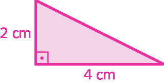 Ilustração. Triângulo retângulo com medida de comprimento da base igual a 4 centímetros e a medida de comprimento da altura igual a 2 centímetros.