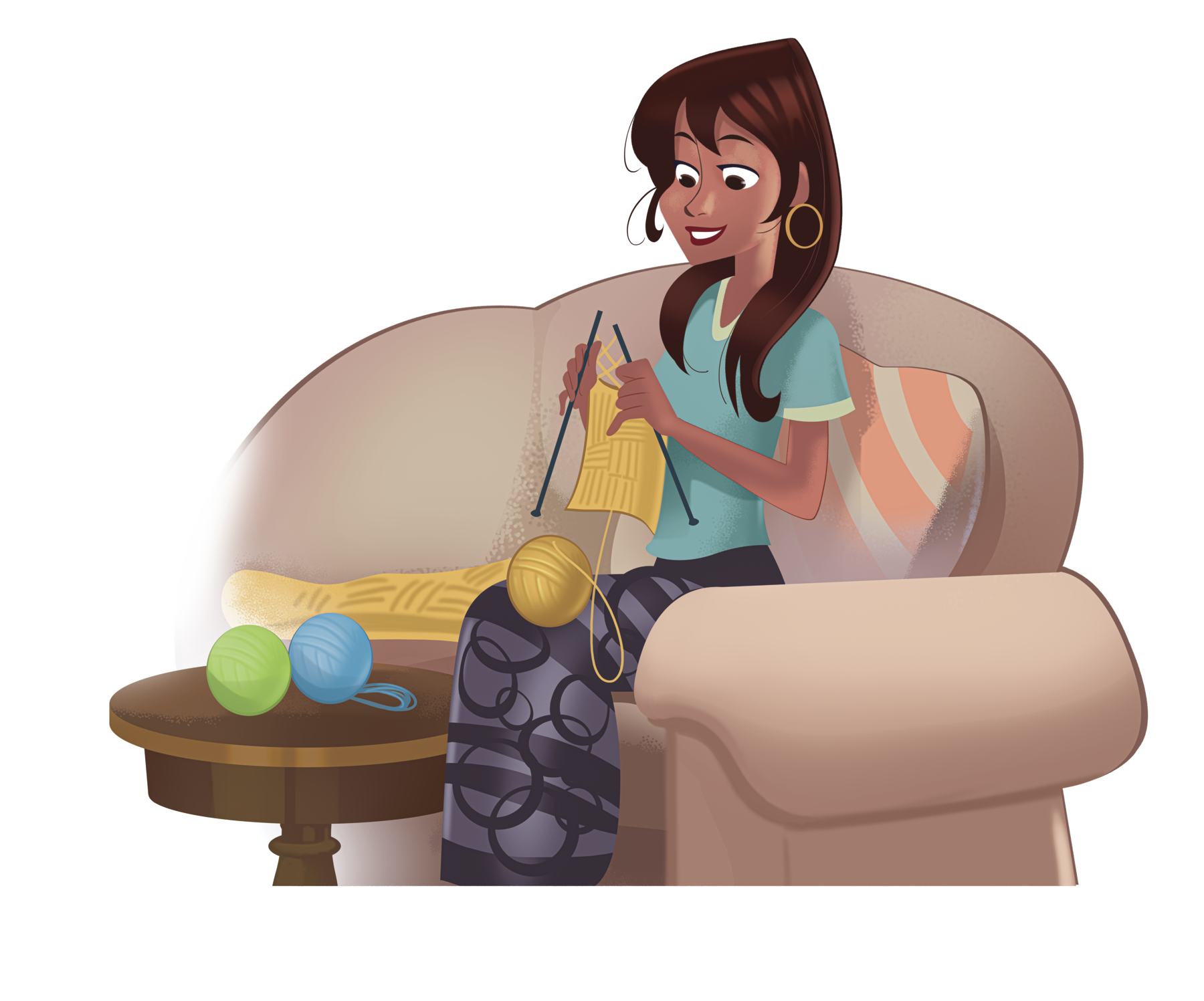 Ilustração. Mulher de cabelo castanho, camiseta verde e saia escura. Ela está sentada em um sofá fazendo tricô. Ao lado, mesa redonda com novelos de lã coloridas.