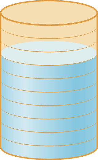 Ilustração. Recipiente cilíndrico dividido em 10 partes iguais, sendo 7 delas preenchidas com água.