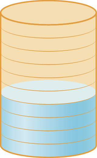 Ilustração. Recipiente cilíndrico dividido em 10 partes iguais, sendo 4 delas preenchidas com água.