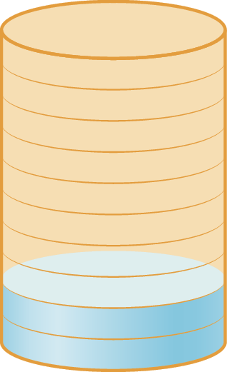 Ilustração. Recipiente cilíndrico dividido em 10 partes iguais, sendo 2 delas preenchidas com água.