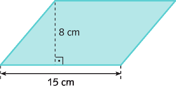 Ilustração. Paralelogramo com altura medindo 8 centímetros de comprimento e base medindo 15 centímetros de comprimento.