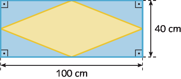 Ilustração. Ilustração de retângulo azul, com lados medindo 100 cm e 40 cm. Um losango amarelo está inscrito no retângulo, interceptando-o nos pontos médios dos seus lados, formando 4 triângulos retângulos azuis.