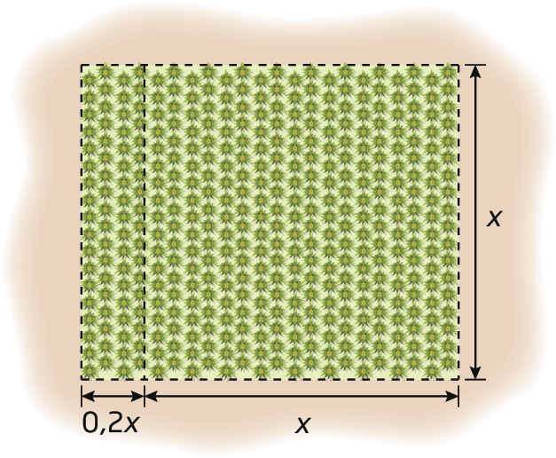 Ilustração. Terreno quadrado com medida x por x. À esquerda, grudada ao terreno, mais uma parte retangular medindo x por 0,2 x.